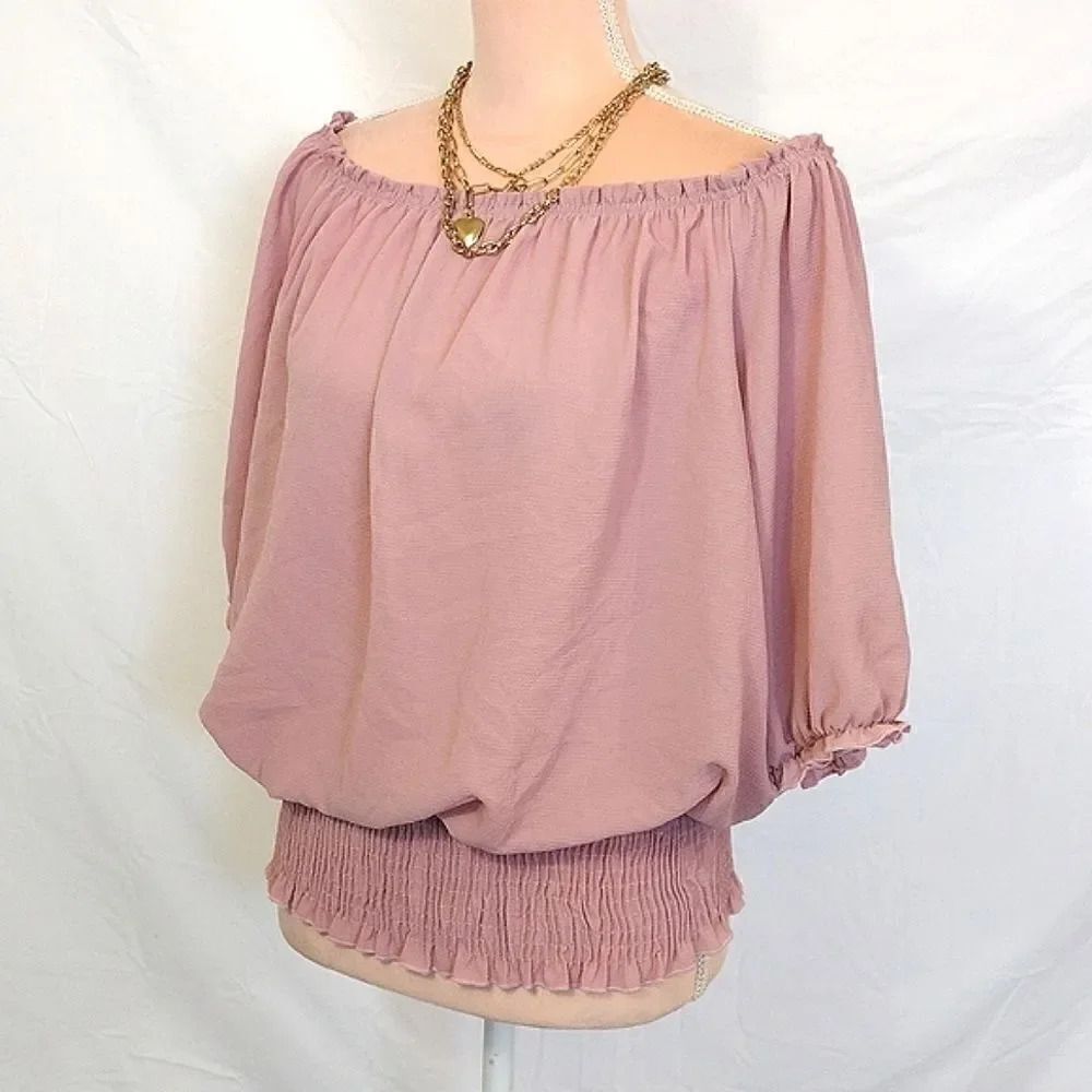 Love J Pink Blush Ruffled‎ Off The Shoulder Smock Hem Blouse 1X NWOT